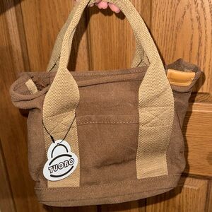 Amazon Brown Canvas Mini Tote with Cream Handles